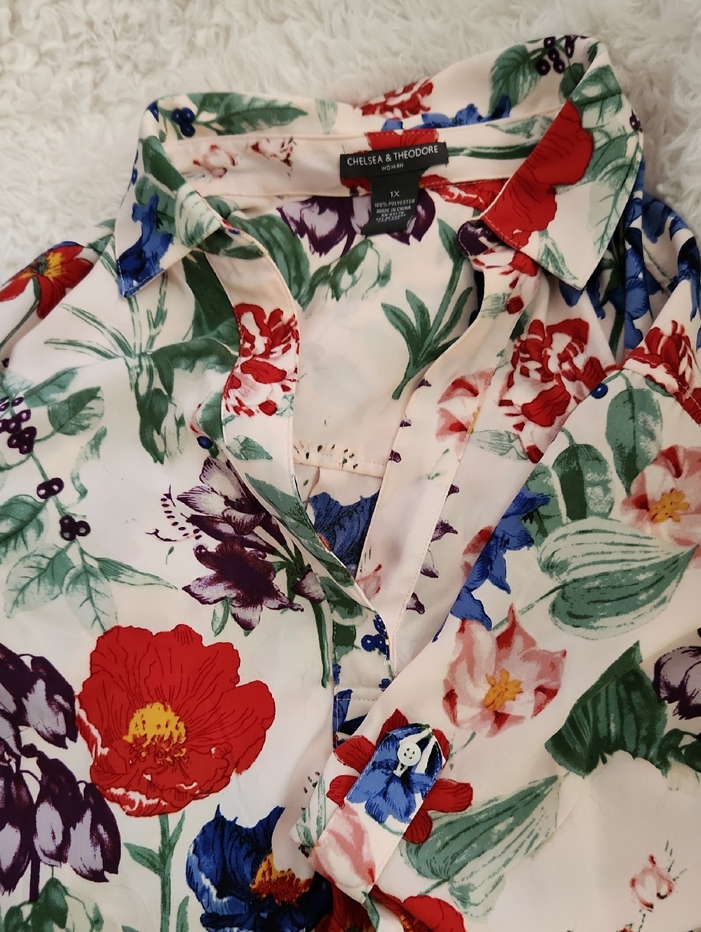 Chelsea & Theodore Cream Floral Button-Down Blouse with Red, Blue & Green